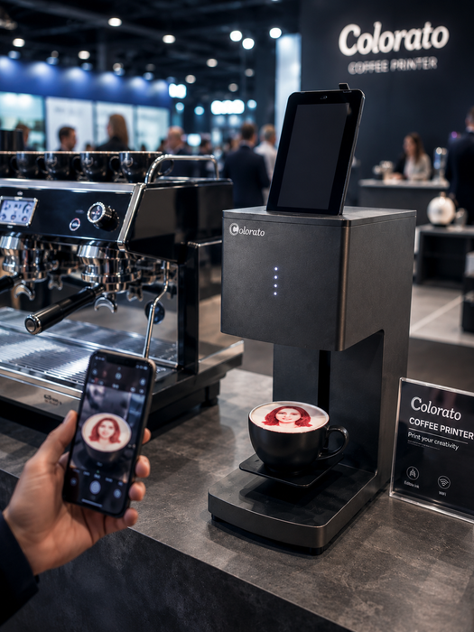 Kaffeedrucker / Bierdrucker / Latte Art Drucker Coloranino® (Komplett-Paket) +1 Gratis Patrone (braun) + Gratis Selfie-Cam Colorato-drinks