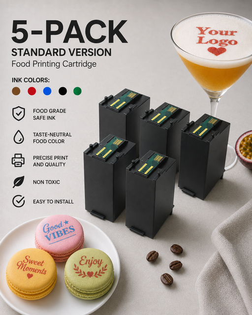 Opakowanie 5 brązowych wkładów atramentowych do drukarek do kawy / piwa / latte art Coloranino® - (1 wkład gratis) Wersja standardowa Colorato-drinks